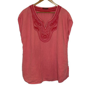 Women's XL Tommy Bahama Red Embroidered Boho Sleeveless 100% Linen Blouse